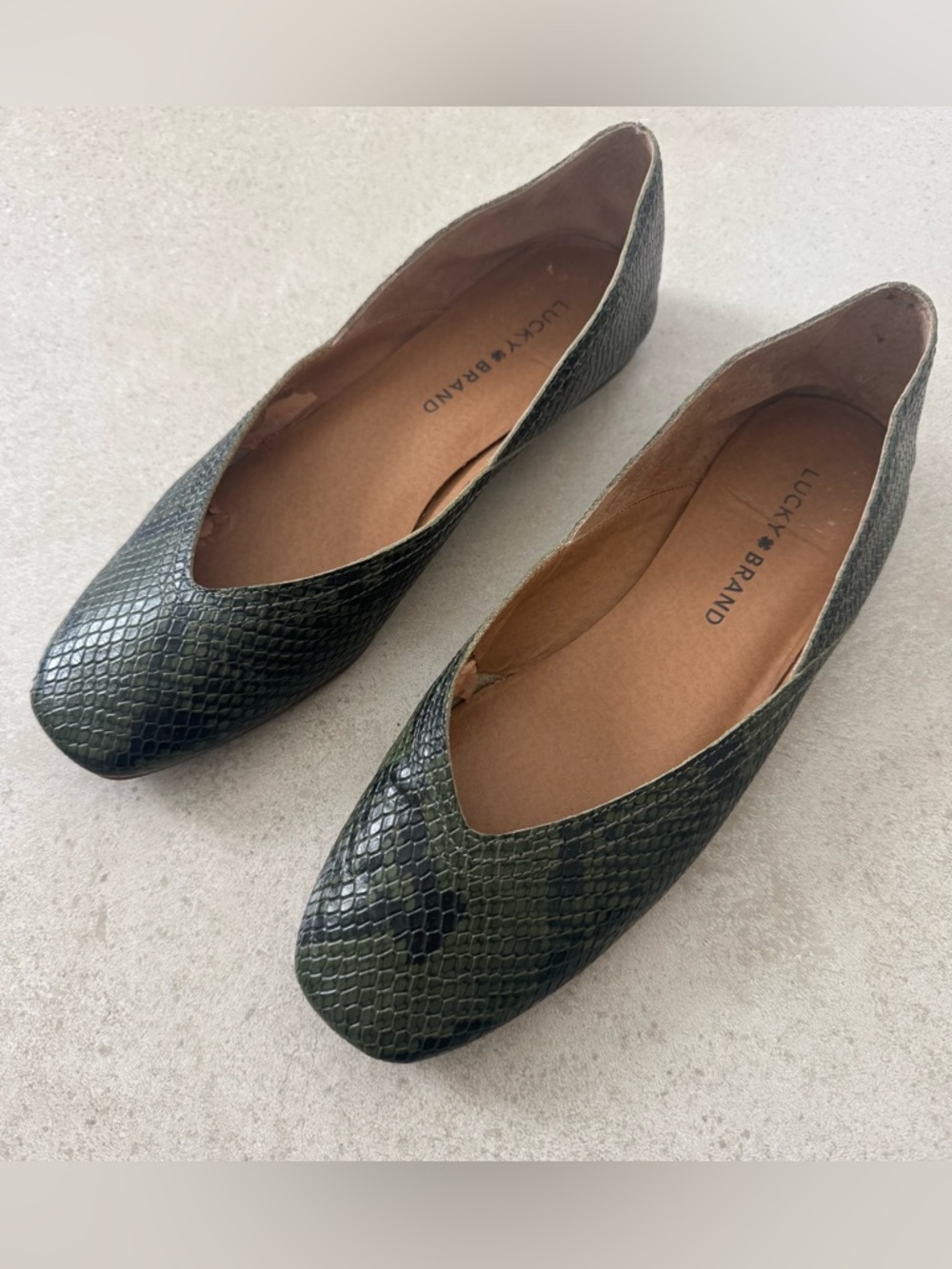 Lucky Brand Olive Green Snake-Print Ballet Flats Size 7